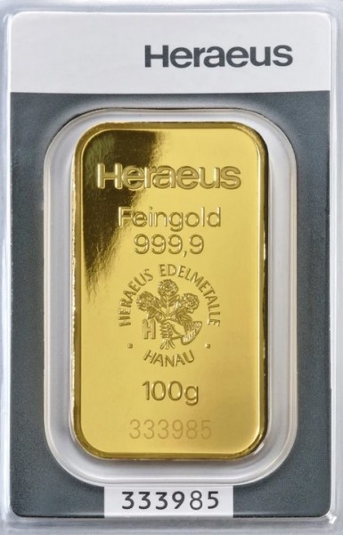 100g Heraeus Goldbarren