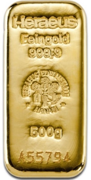 500g Heraeus Goldbarren